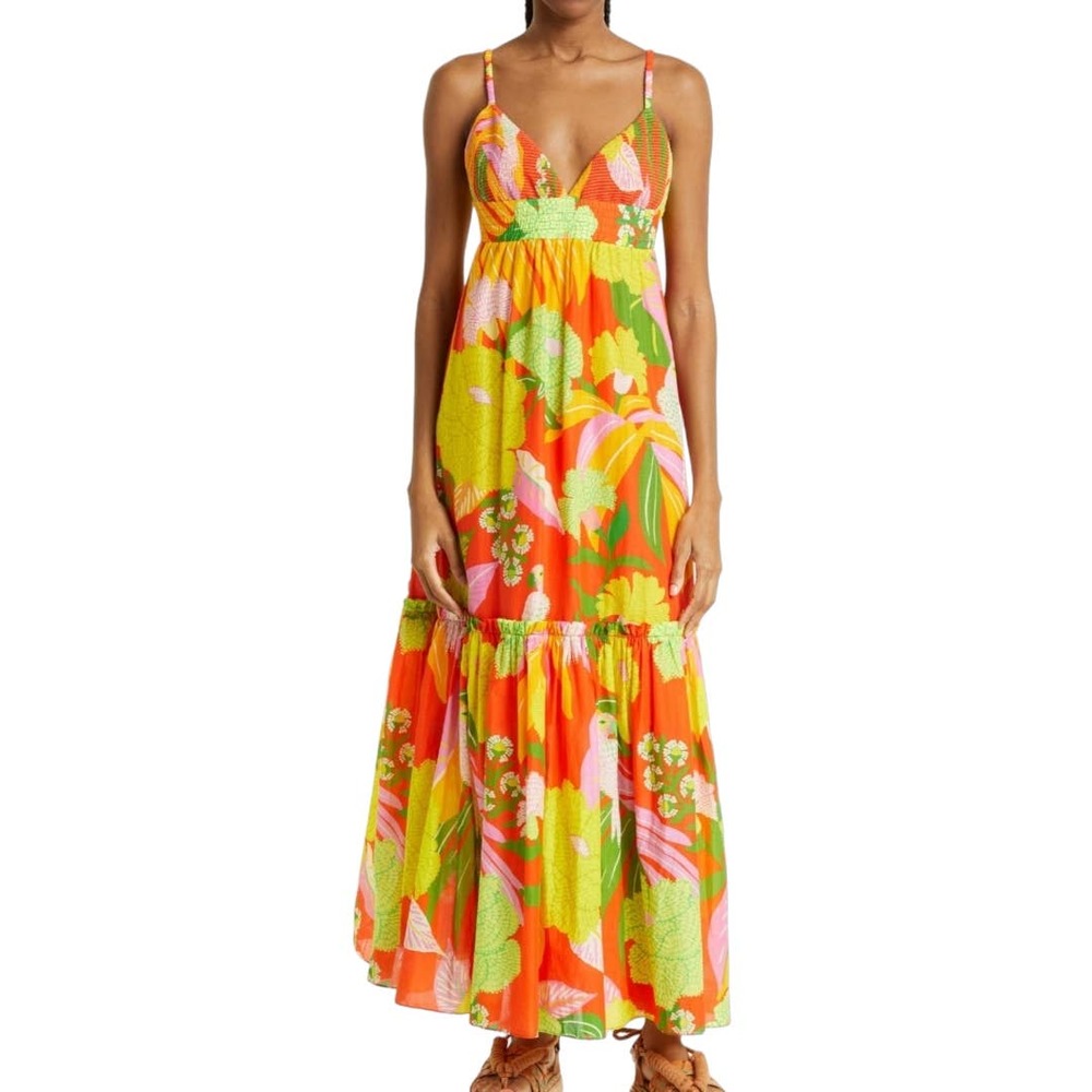Farm Rio Red Neon Floral Tiered Cotton Maxi Dress Size XL